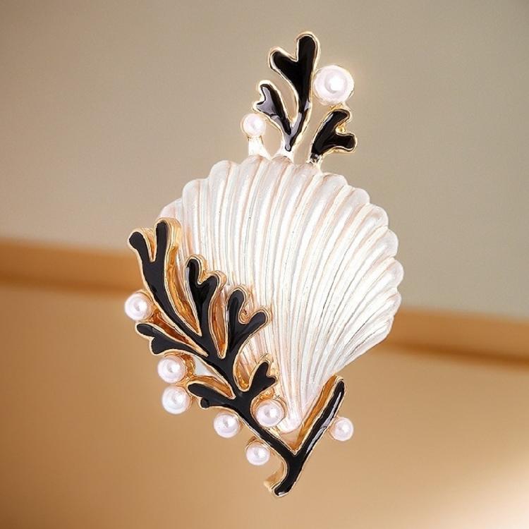 Vintage Style Shell Coral Brooch Pearls Accent Enamel Detailing Alloy Statement Jewelry Handmade Gift For Her