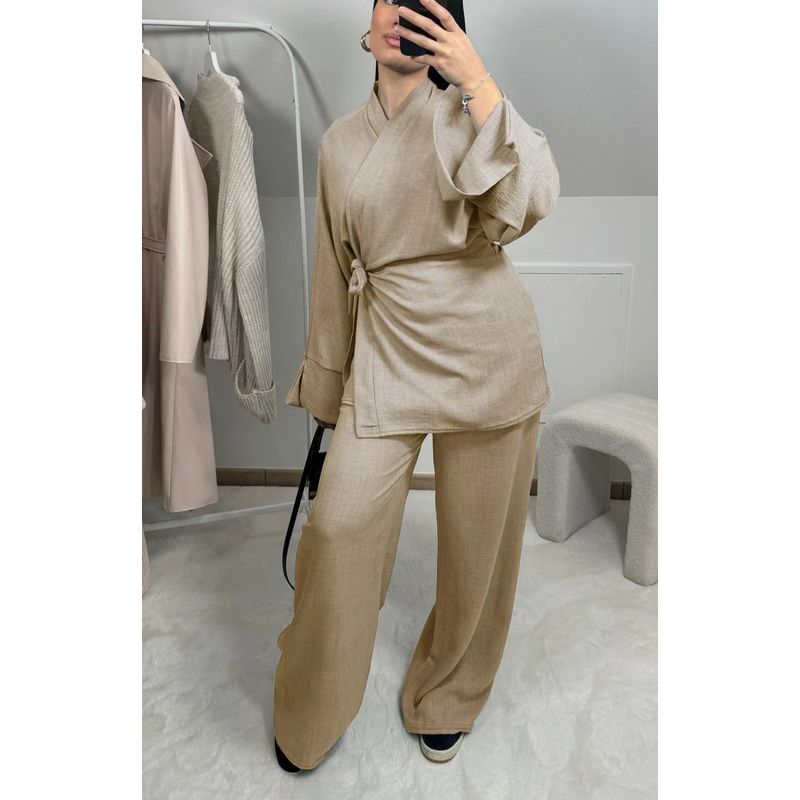 

Middle East Ethnic Style Pure Color Tied Tops Loose Pants Two-piece Set Lace up Top and Pants Set Apricot color XL/XXL