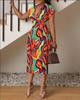 European & American Women's V-Neck Slim Fit Printed Dress