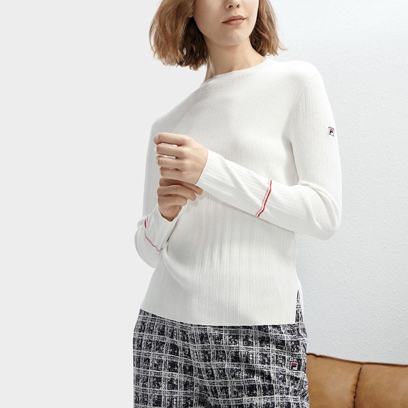 FILA Solid Color Round Neck Pullover Casual Long Sleeve Knit Sweater Women sweater Steam-White F11W411415F-IV