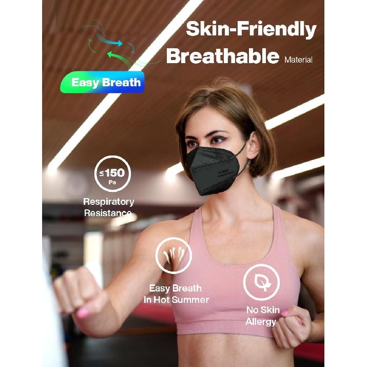 Boncare KN95 Face Masks 50 Pack, Black, 5-Layer Disposable Face Masks, Breathable and Comfortable
