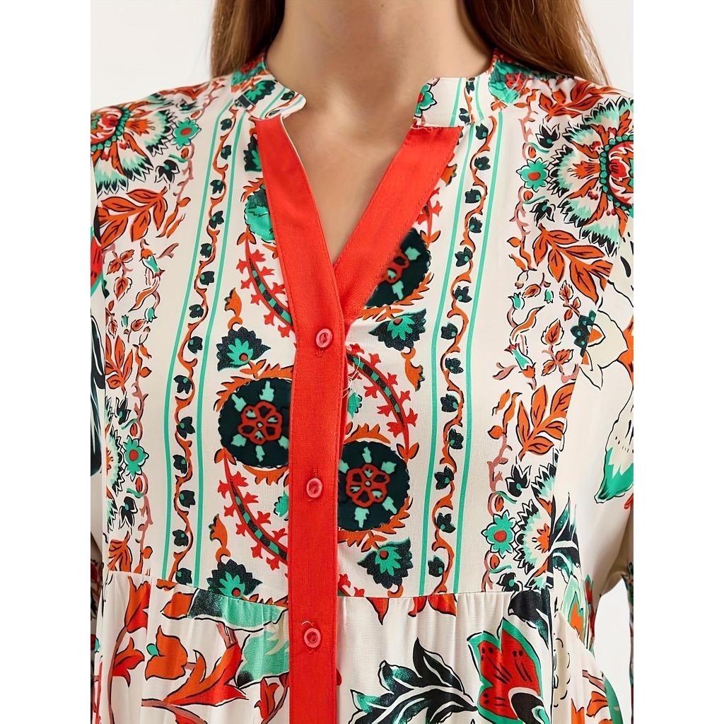 Elegantes Damenkleid mit V-Ausschnitt und langen Ärmeln im floralen Stil aus dem Nahen Osten