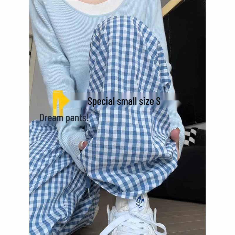 

Women s High-Waisted Blue Plaid Straight-Leg Summer Pants - Petite Loose Fit 2XL (126-145 lbs)