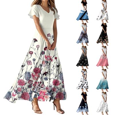 Women's Summer Casual Fashion Print Color Dresses V-Neck Short Sleeve Dresses