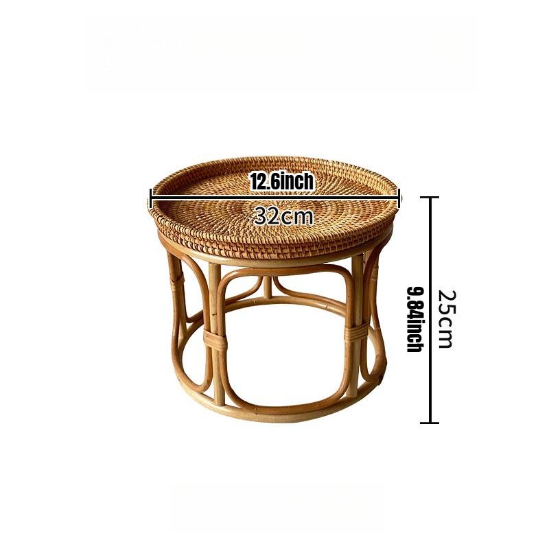 Handwoven Rattan Balcony Side Table Vintage Tea Sofa Coffee Table Durable Dessert and Snack Stand Japanese Bedroom Organizer