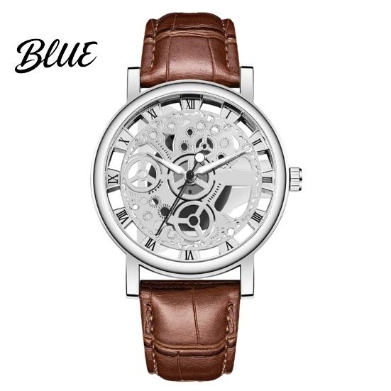Quartz Watch Men Vintage Hollow Round Dial Faux Leather Strap