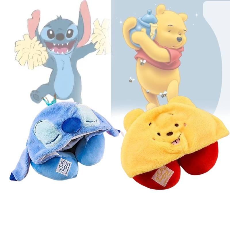 Soft Polyester Fiber Car Neck Pillow Travel Hooded Neck Cushion Cute U-shaped Plush Toy For Adults Yellow Winnie The Pooh Blue Stitch