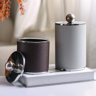 Ornamentos Modernos de Luxo Leve Metal Couro Redondo Com Contas Pote de Armazenamento Caixa de Joias Modelo Decorações para Quarto B&B