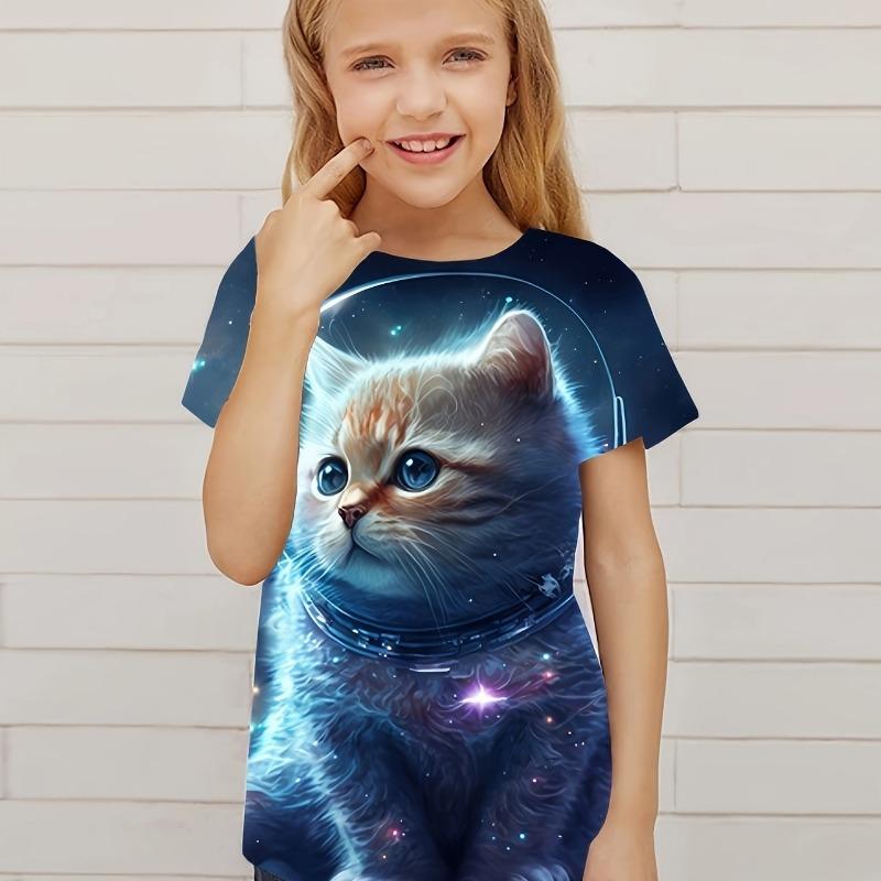 Children's Clothing Cute 3D Cat Graphic Print Short Sleeve Tops Kids Clothes T-Shirt Casual Pullover Child Boys Girls Summer