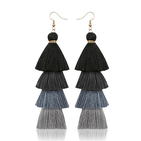 Bohemian Fringe Long Gradient Multilayer Drop Earrings Women Silk Fabric Ethnic Tassel Earring