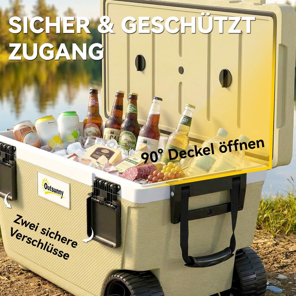 70L Insulated Cool Box with Wheels, Portable Ice Cooler with Handle, Lid and Drain Valve, Khaki