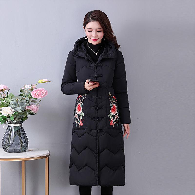 Mother's embroidered cotton-padded clothes with zipper Women's medium and long loose large size down cotton-padded clothes Winter cotton-padded