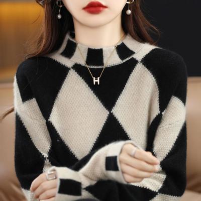 Pullover 2022 Sweater Women Half High Neck Sweater Loose Knitting Female Top Plaid Long Sleeve