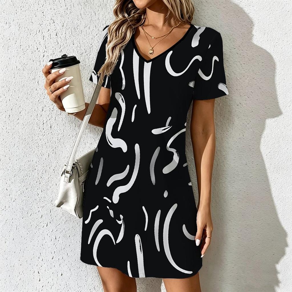 Summer Fashion Women's V Neck Short Sleeve Retro Geometric Pattern Printed Dress Sex Short Skirt Dresses