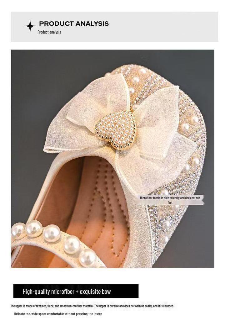 2026 Spring Girls' Princess Pearl Bow Leather Dress Shoes with Rhinestones - Korean Style, Soft Sole