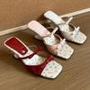 Fashion New arrival summer mid-heeled slippers square toe open toe shallow mouth women's pink bow wedge sandals one-step shoes