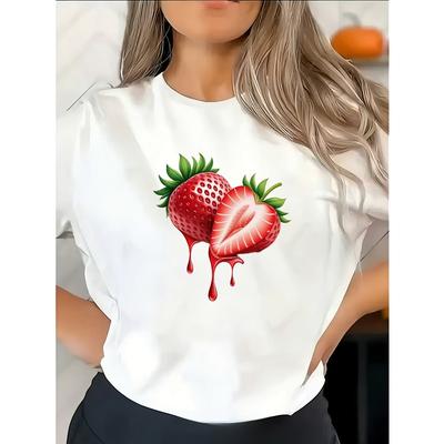 European Size Valentine'S Day Limited Women'S T-Shirt | Sweet Strawberry Print Round Neck Tee, Casual Short Sleeve