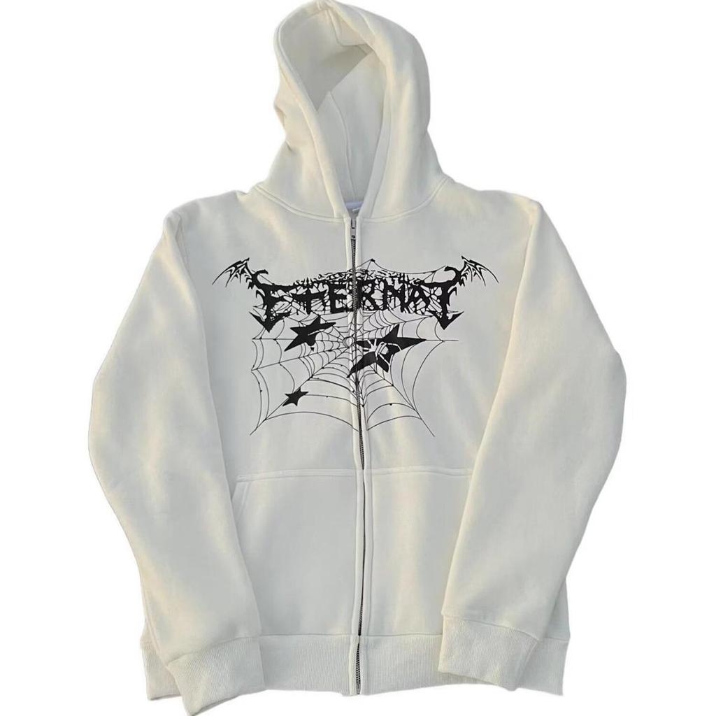 Pentagram Spiderweb Hooded Zip-Up Cardigan - Trendy, Versatile Loose Fit for Couples