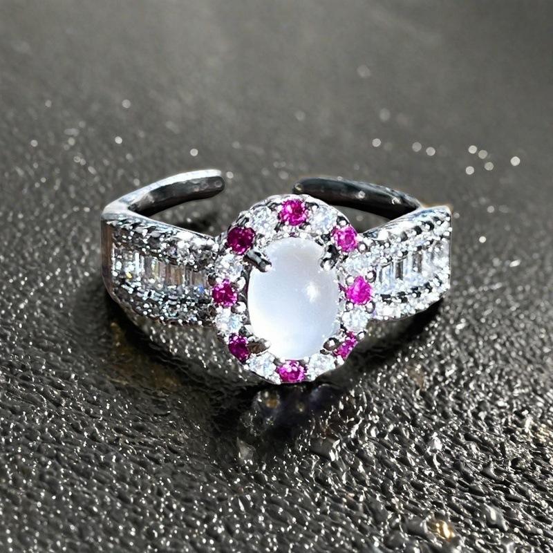 Niche Design Exquisite Imitation Chalcedony Moonstone Series Ring High-End Light Luxury Full Of Diamonds Zircon Accessories