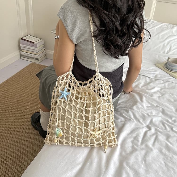 Summer vacation drawstring lined fishing net woven bag