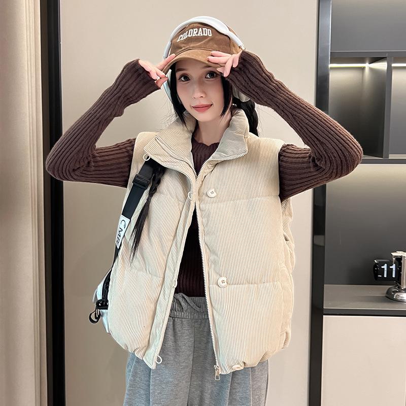 

Corduroy short vest women s autumn and winter new solid color loose vest bread jacket stand-up collar sleeveless jacket M белый
