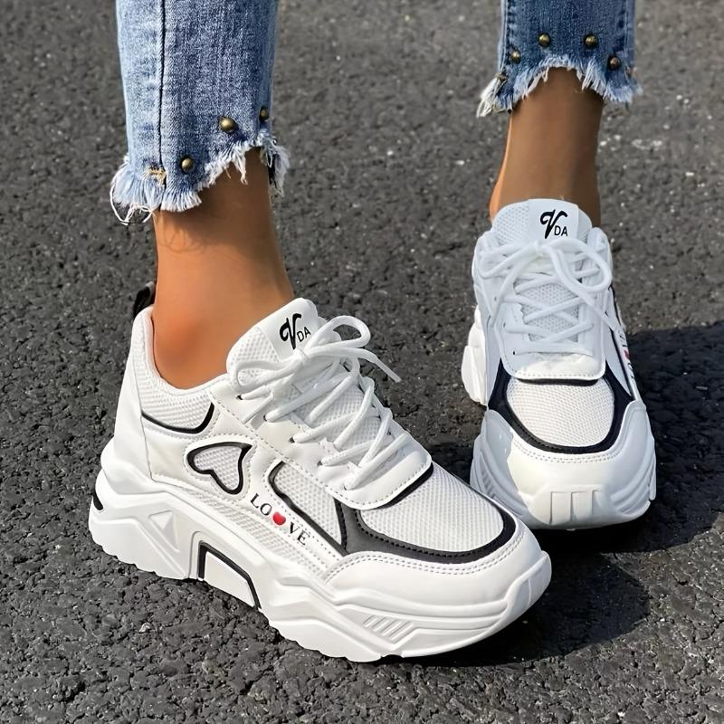 Women's Heart Patten Chunky Sneakers, Fashion Mesh Height Increasing Sports Shoes, Breathable Casual Outdoor Shoes