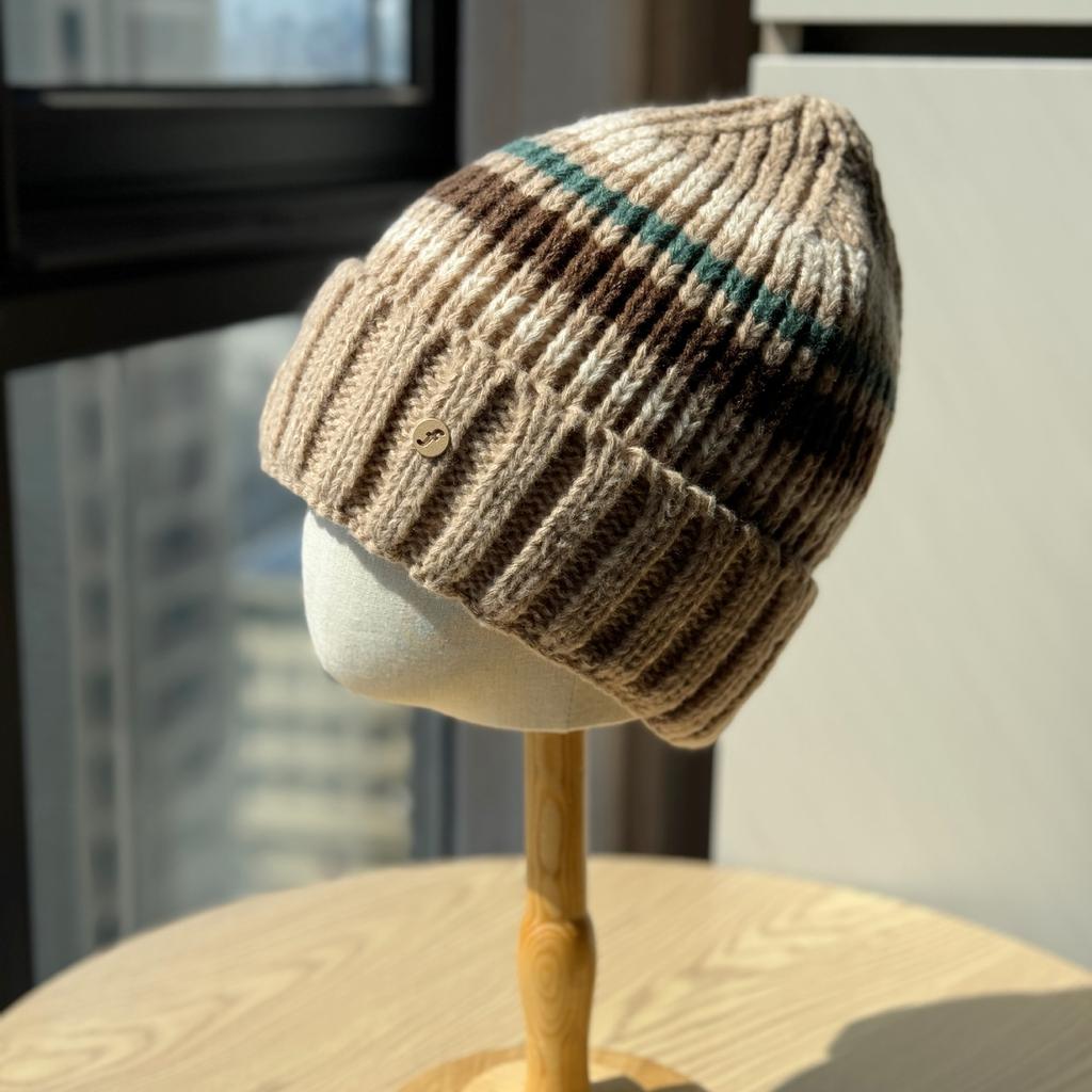 Color Block Striped Woolen Hat for Women Warm and Ear Protecting Street Versatile Winter Knitted Hat for Women Trendy