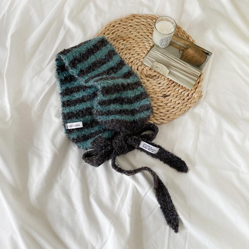 Winter knitted wool small ear scarf women's new high-end stripes slack with scarf
