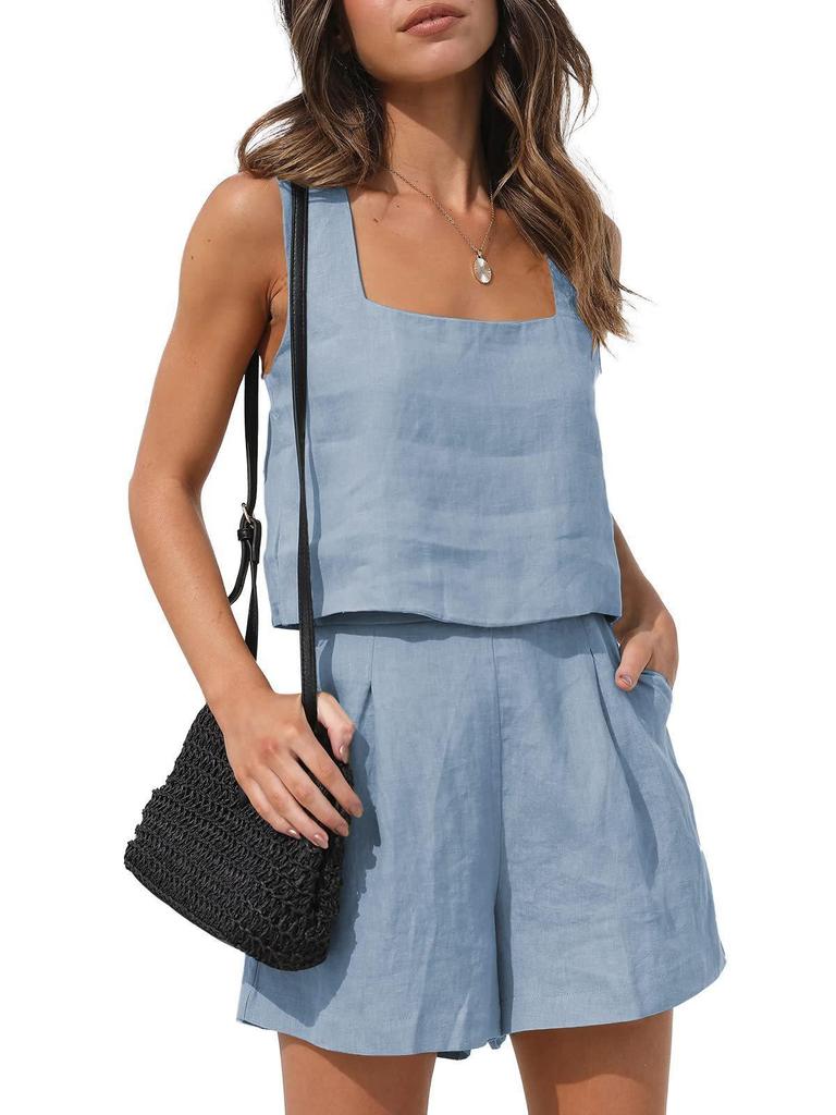 2026 Amazon New European & American Women's 2-Piece Casual Set Linen Shorts Sleeveless Top Vest