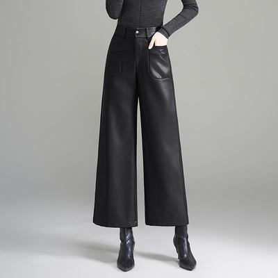 Calças Largas de Couro de Ovelha Preto Femininas Outono/Inverno 2025