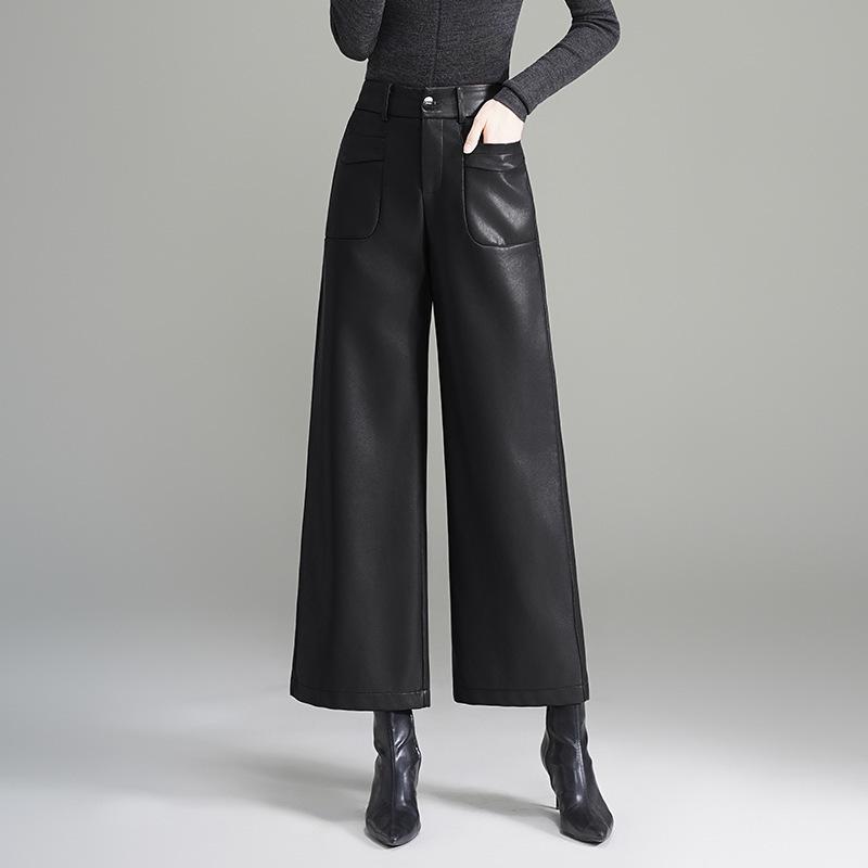 2025 Autumn/Winter Women's Black Sheepskin Leather Wide-Leg Pants
