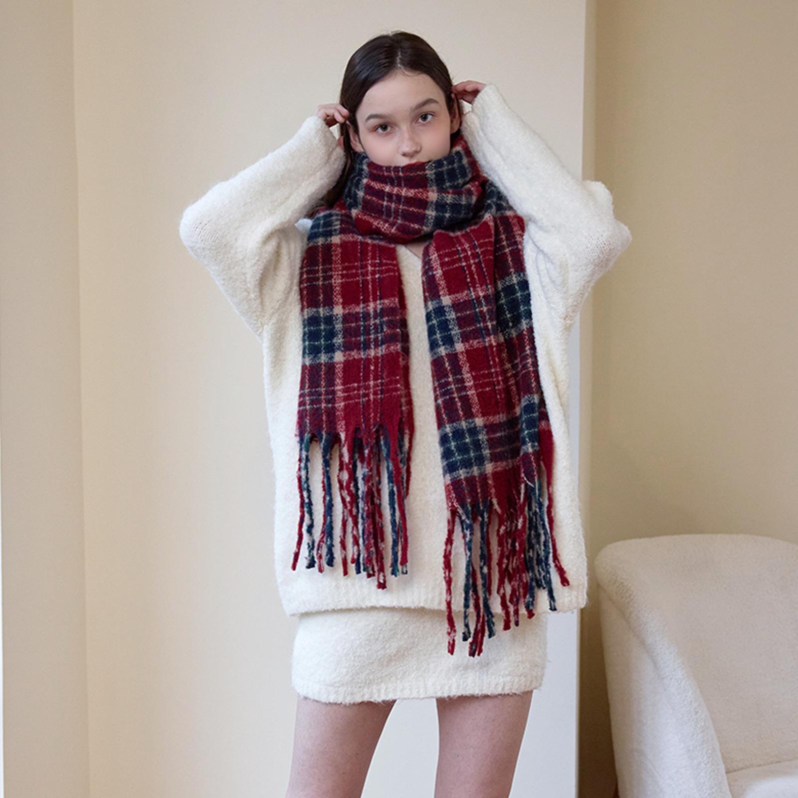 

Imitation cashmere scarf women s autumn and winter Maillard versatile thickened retro fringed plaid scarf warm scarf