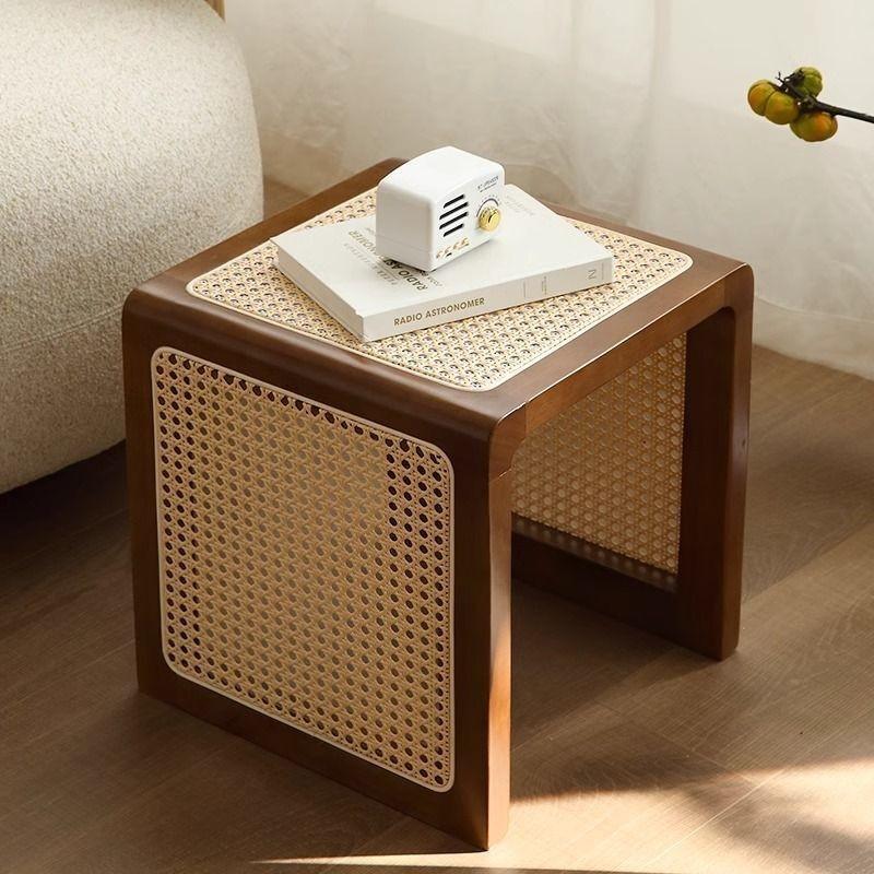 Household Multifunctional Solid Wood Rattan Square Stool Sofa Corner Bedside Table Small Apartment Shoe Changing Stool