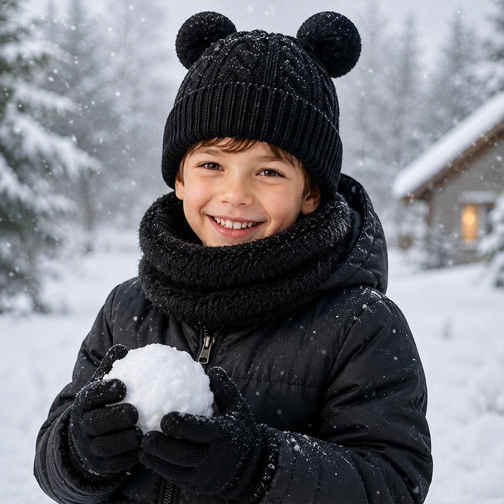 3Pcs/Set Plush Children Scarf Hat Gloves Set Warm Bonnet Gloves Kits Knitted Hats Scarfs Outdoor