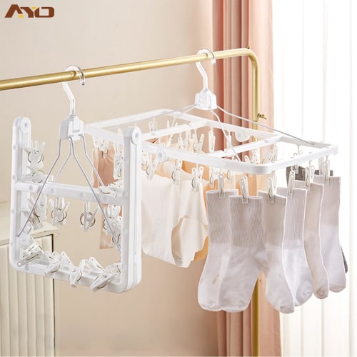 AYO Pinch Hanger, Corner Hanger, Laundry Hanger, Indoor Drying Hanger with 32 Pinch Clothespins, Foldable, Space-Saving, Multi-Functional Storage, Whi
