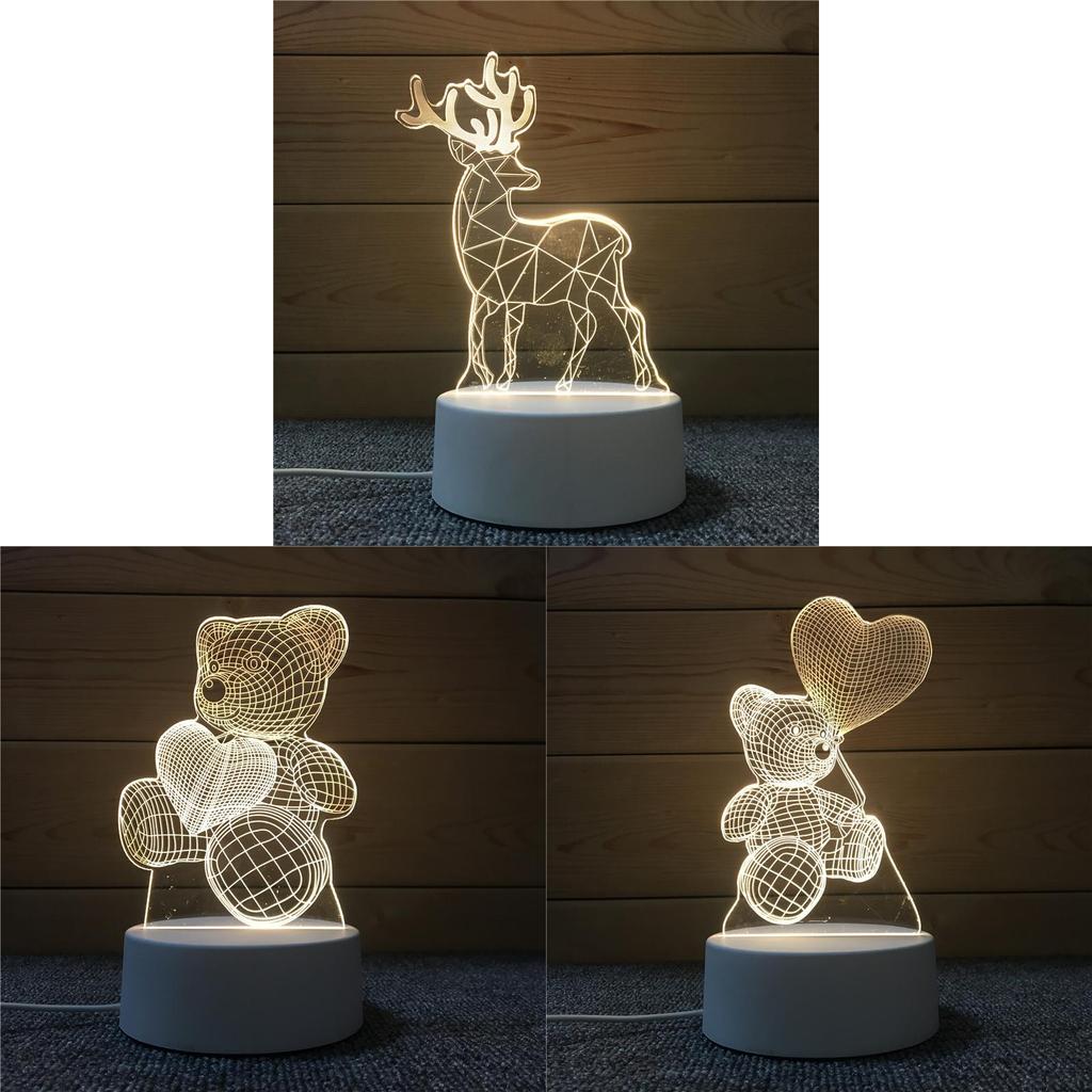 Cute Deer Heart Bear Balloon 3d Night Light Acrylic Table Lamp Nordic Style Gift Diy