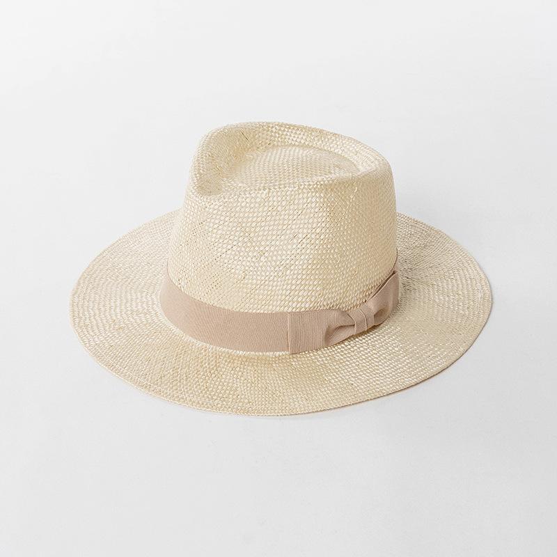 Natural grass woven wide brimmed jazz hat with bow and ribbon for sun protection and sunshade grass hat