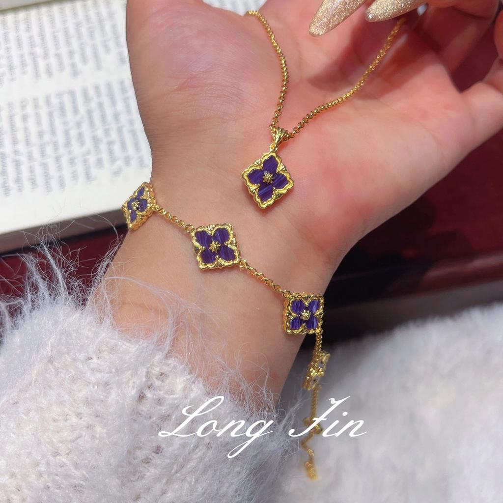 French Retro High-End Purple Dragon Crystal Turquoise Bracelet, Necklace, Earrings, Court Style Four-Leaf Clover Set, Live Broadcast Special