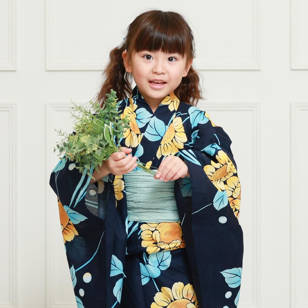 Kyoto Kimono Yuzen Girls' 2-Piece Yukata Set with Obi, Cotton, Summer, Kids' Floral Print, Dark Navy (Sunflower) Kimono, 130cm