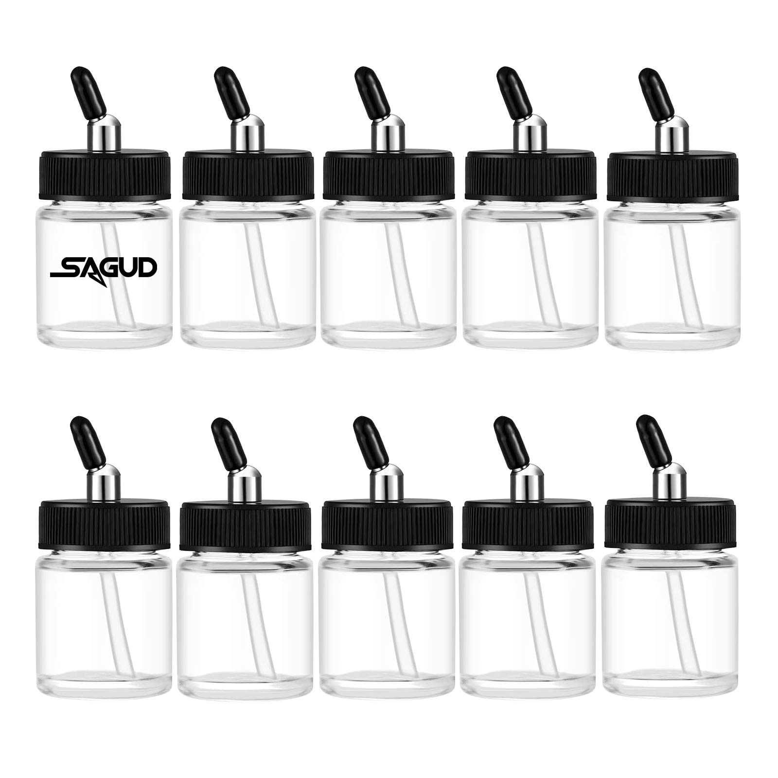 

SAGUD Glass Airbrush Bottle Kit, 2/3 oz (20cc) Jar with 10 Adapter Cap Covers and a 30° Down Angle Adapter, Fits Dual Action Siphon Feed Airbrushes