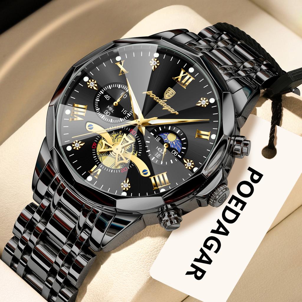 POEDAGAR Original Luxus Herrenuhr Wasserdicht Leuchtend Chronograph Armbanduhr Edelstahl Quarzuhren für Mann Reloj