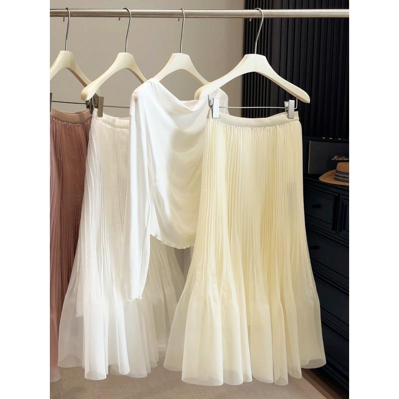 

Spring and summer apricot mesh fishtail skirt women s elastic high waist drape and thin A-shaped fluffy and elegant pleated skirt One size fits all абрикосовый