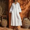 Women's Linen Blend V Neck Front Button Dress Three Quarter Flare Sleeves Loose Fit A Line Long Dress Casual Wear