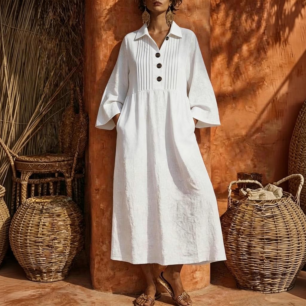 Women's Linen Blend V Neck Front Button Dress Three Quarter Flare Sleeves Loose Fit A Line Long Dress Casual Wear