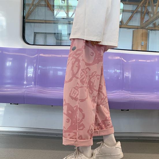 Men Casual Pants Elastic Waist Mid Rise Loose Straight Wide Leg Streetwear Pockets Cartoon Print Male Long Trousers Bottoms for Outdoor