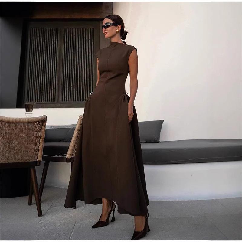 Spot spring and summer solid color sleeveless dress temperament sleeveless round neck slim-fitting elegant long dress