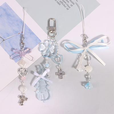 Violin Bowknot Heart Beads Keychain For Women Sweet Charm Aesthetic Y2K Bag Pendant Accessories Gifts