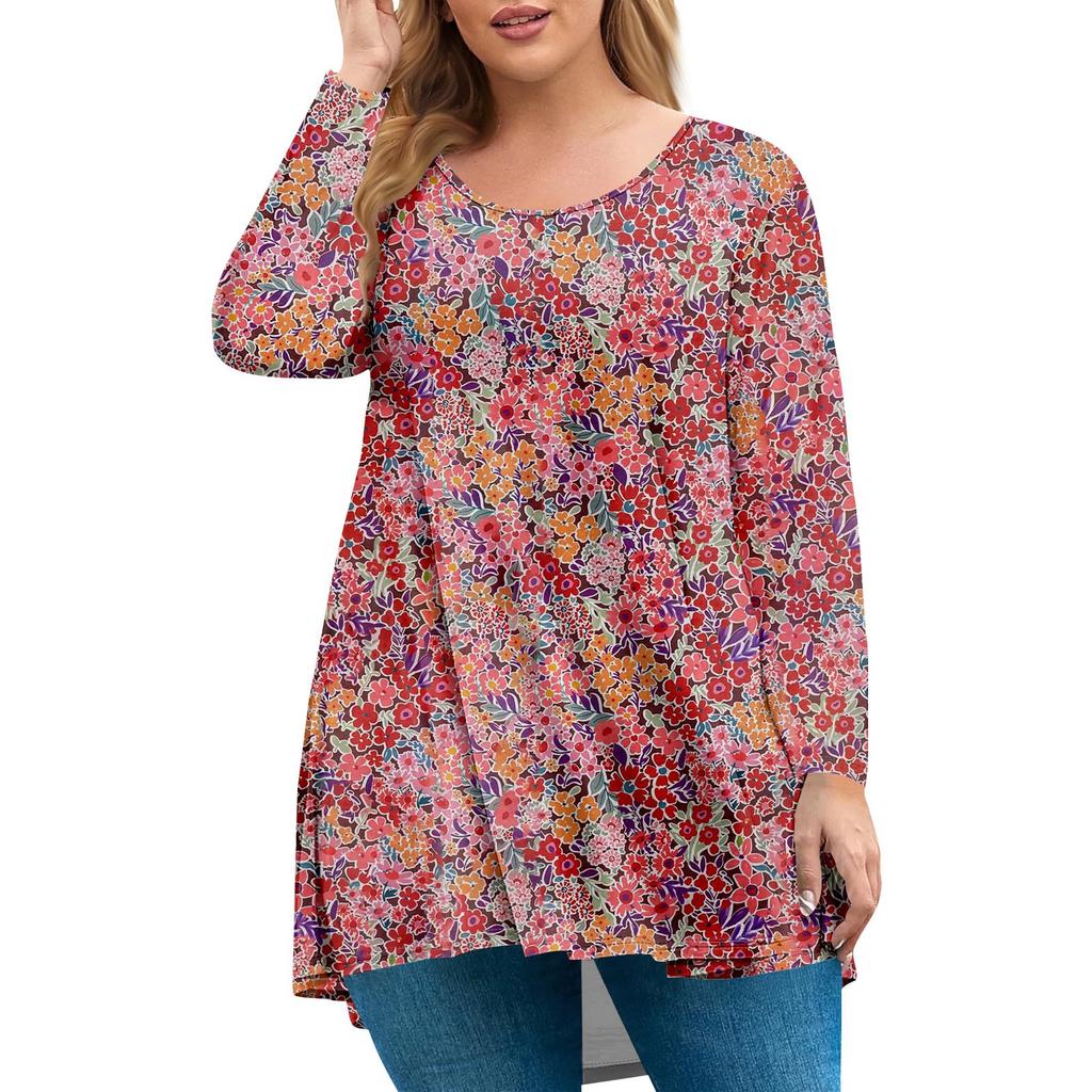Women's Plus Size Top, Garden Collar Long Sleeved Shirt, Fashionable Floral Print Casual Top