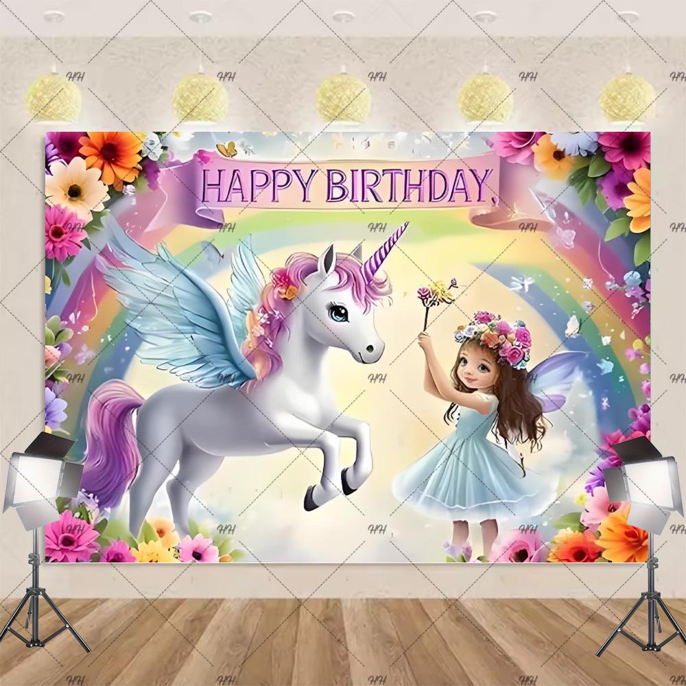 Cartoon Rainbow Unicorn Theme Princess Birthday Party Decoration Background Baby Shower Backdrop Photozone Studio Prophoot Props