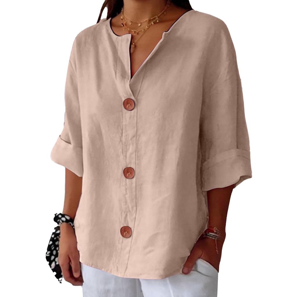 Women's Fashion Casual V-Neck Buttoned Seven-Point Sleeve Cotton T-Shirt Top